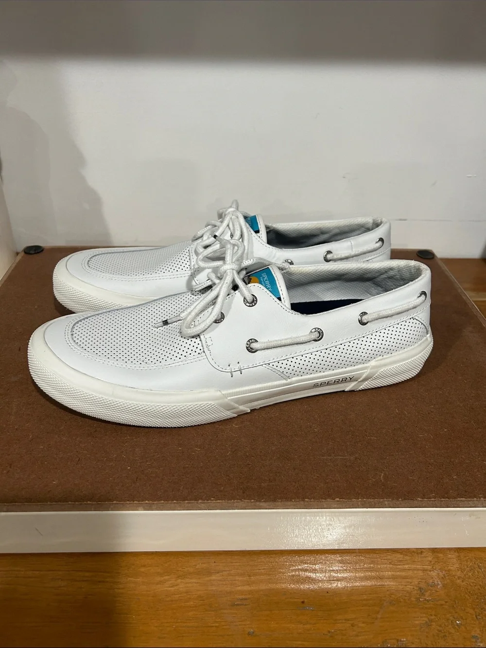 Sperry White Perforated Leather Boat Shoes with Blue Tongue Detail